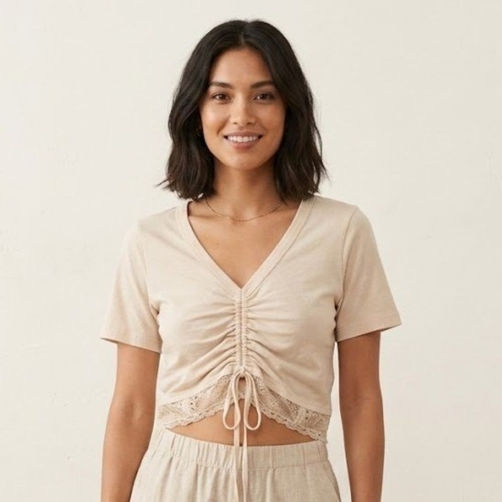 Jonathan Simkhai Standard‎ Aida Organic Cotton Lace Top Ruched Sand Beige XS